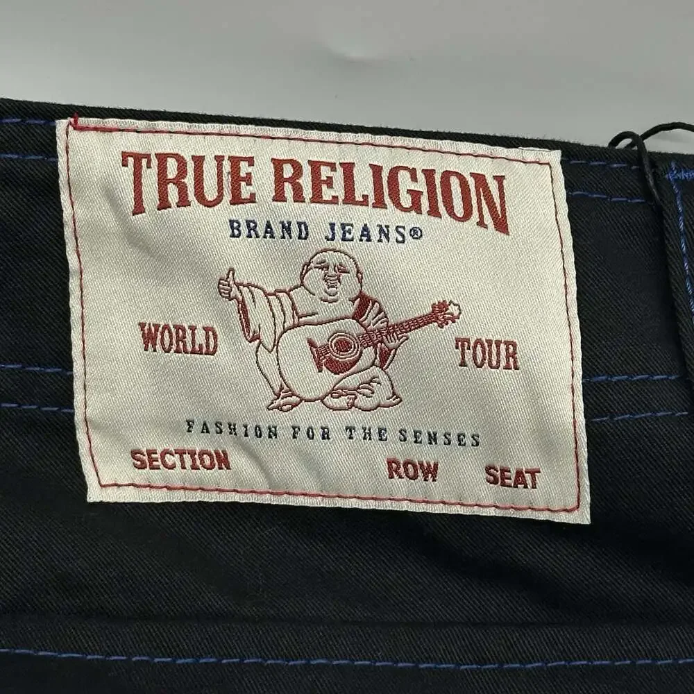 True Religion Size 34 Jet Black Pacific Blue Stitch Flap Baggy Cargo Pants NWT